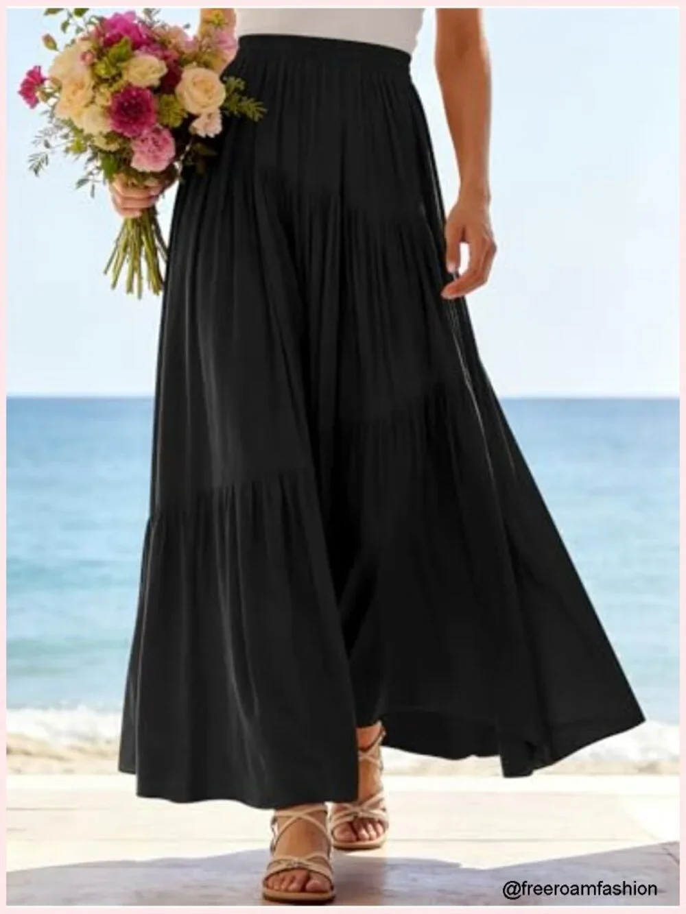 Boho High Waist Pleated A-Line Maxi Skirt with Pockets